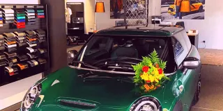 Mini SE grün Frontansicht bei der Auslieferung mit Blumen auf der Motorhaube