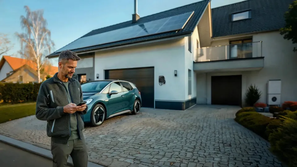 Mann nutzt eine EEBUS-Wallbox vor seinem Haus Mann nutzt eine EEBUS-Wallbox vor seinem Haus
