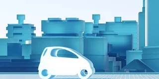 Grafische Animation eines Autos vor einer Stadt.