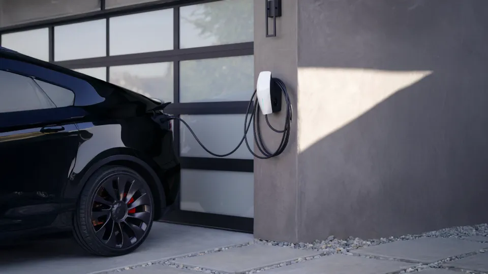 Tesla Wallbox lädt schwarzes Elektroauto vor moderner Garage Tesla Wallbox lädt schwarzes Elektroauto vor moderner Garage