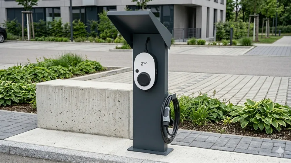 Eine Wallbox mit Wetterschutzdach steht draußen Eine Wallbox mit Wetterschutzdach steht draußen